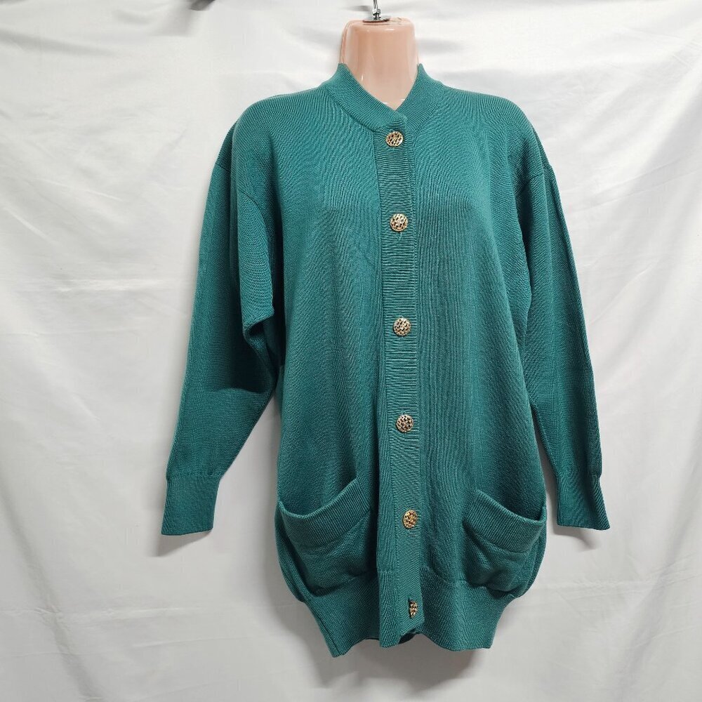 l. Magnin by Ballantyne Button Up Cardigan Sweater Women Size M Green Pure Wool